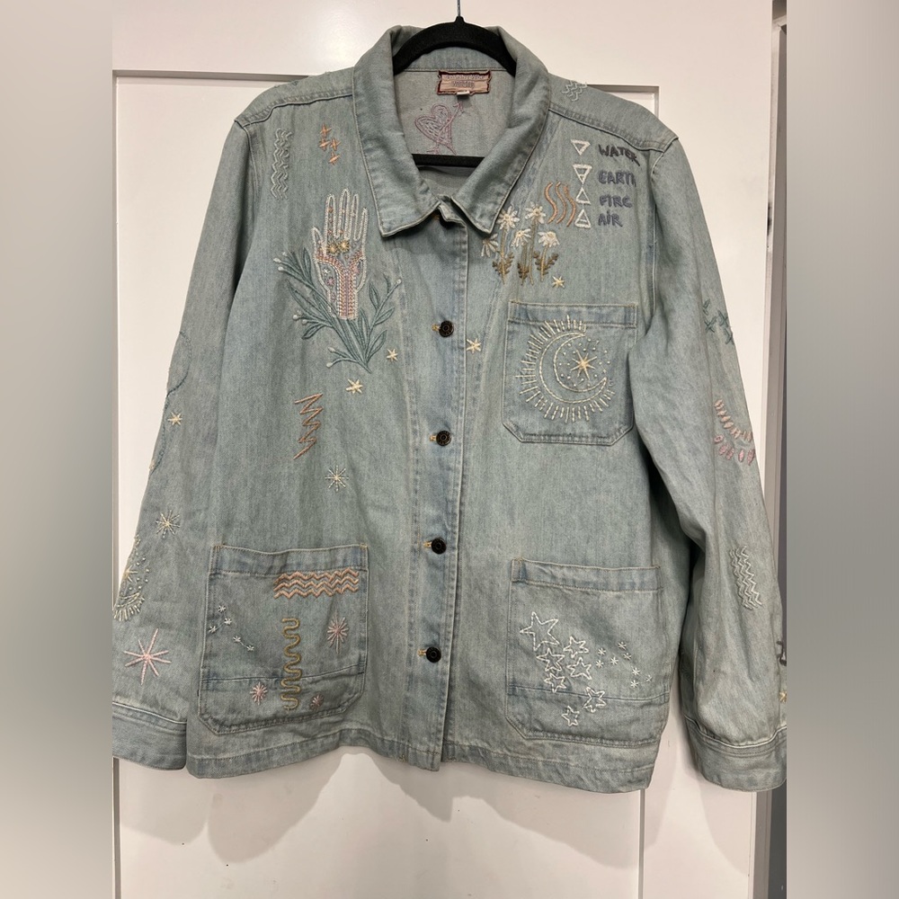 Johnny Was Pale Blue Embroidered Denim Jacket